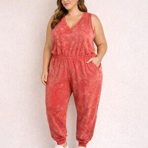 NWT LIVI Lane Bryant Acid Wash Jogger Jumpsuit Womens 22/24 3X Red Lounge Plus